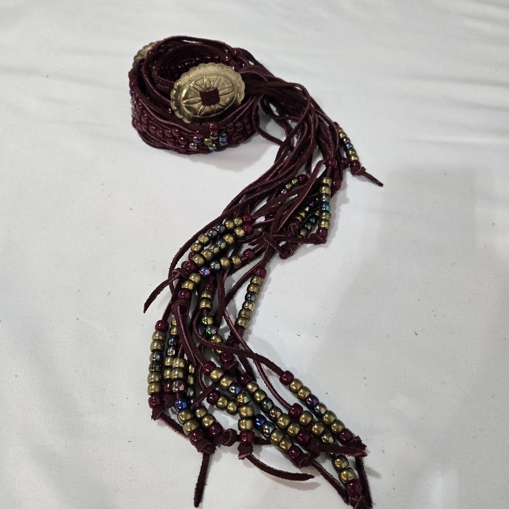Vintage Burgundy Suede Concho Tie Belt Beaded Fringe Boho Western 60"